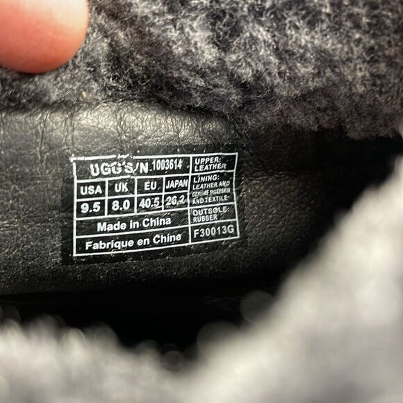 Ugg Dandylion Black Leather Women’s Sz 9.5 Gray Sheepskin Fold Over 4” Heel Boot - Picture 6 of 14